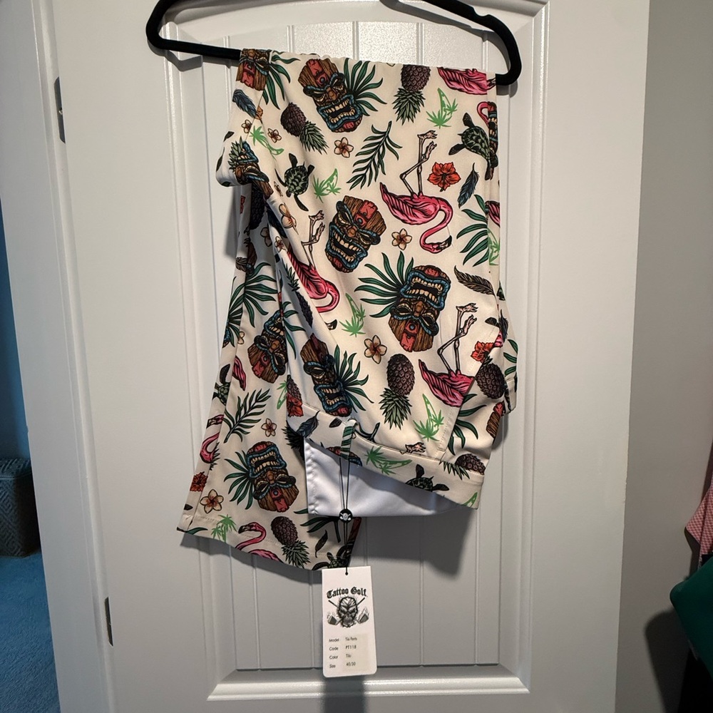 Tropical Tiki Print Golf Pants - Cream Base with Pink & Green - John Daly
